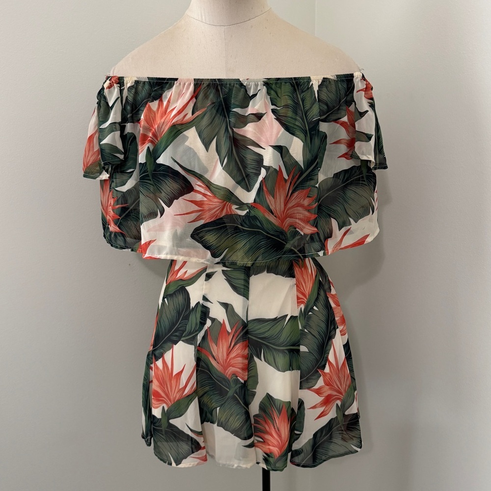 Show Me Your‎ Mumu XS Floral Tropical Outfit Set Off Shoulder Sheer & Mini Skirt